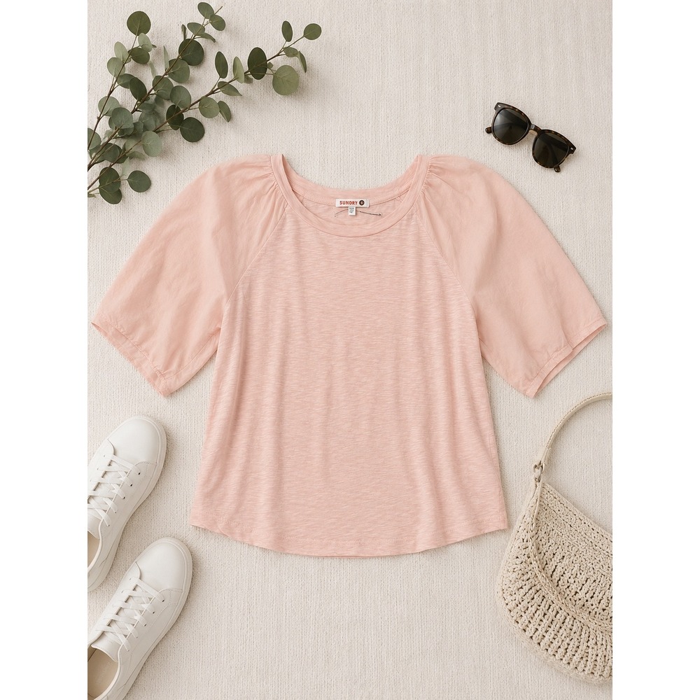 Sundry Womens Pink Supima Cotton Puff Sleeve Slub Knit Top Made in USA Small
